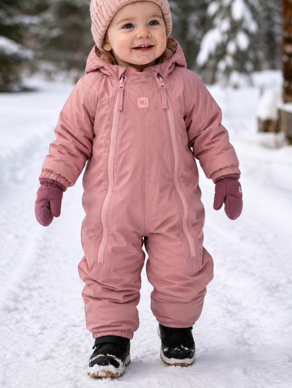 MEC Kids' Insulated One-Piece Snowsuit in Dusty Pink mec 24 M
